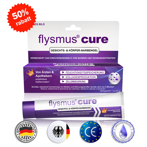 đBfArM-ZERTIFIZIERT â
flysmusÂź cure GESICHTS- & KĂRPER-NARBENGEL â Klinisch erwiesen, verschiedene Narben wie OP-, Akne-, Verbrennungs- und Unfallnarben zu mildern.